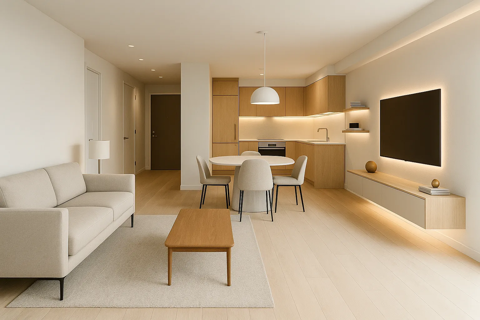 Modern renovated condo with contemporary design, sophisticated lighting, and clean minimalist aesthetic