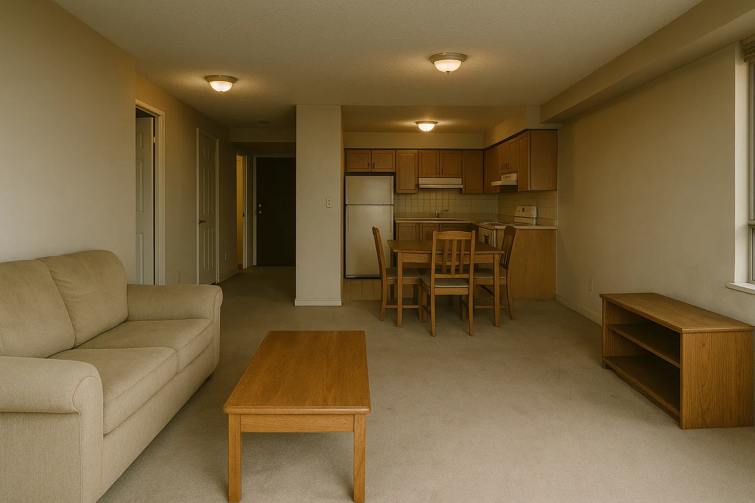 Outdated condo with older fixtures, dated lighting, beige carpet, and cramped layout needing renovation
